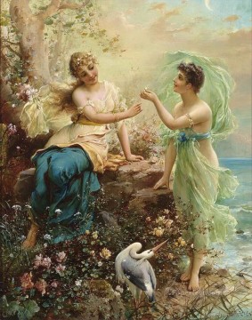 floral girls with a bird Hans Zatzka beautiful woman lady Oil Paintings